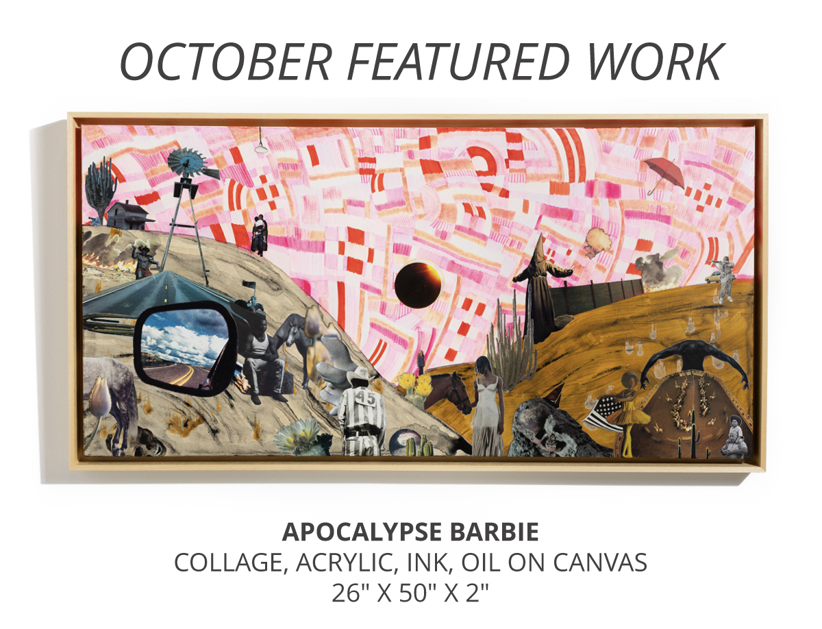 APOCALYPSE BARBIE – collage, acrylic, ink, oil on canvas – 26 x 50 x 2